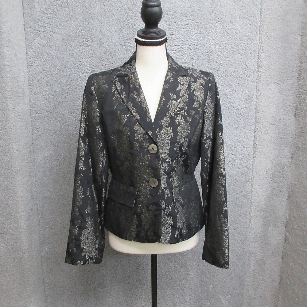 AK Anne Klein Silk Blend‎ Blazer Jacket Womens 6P Black Floral Jacquard Evening